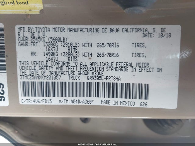 Aukcja sprzedaży 2019 Toyota Tacoma Trd Off Road, vin: 3TMCZ5ANXKM201057, numer aukcji: 45315201