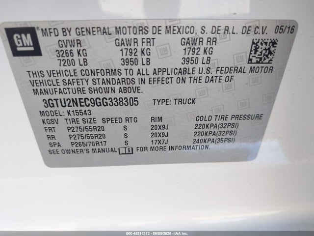Продаж на аукціоні авто 2016 Gmc Sierra 1500 Slt, vin: 3GTU2NEC9GG338305, номер лоту: 45315212