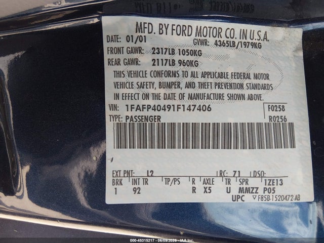 Aukcja sprzedaży 2001 Ford Mustang, vin: 1FAFP40491F147406, numer aukcji: 45315217