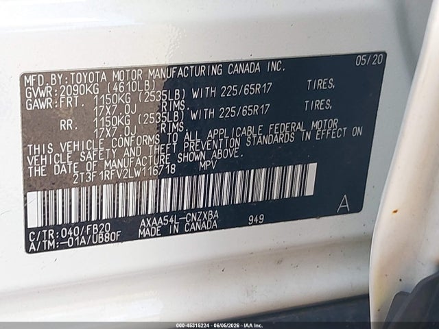 Aukcja sprzedaży 2020 Toyota Rav4 Le, vin: 2T3F1RFV2LW116718, numer aukcji: 45315224