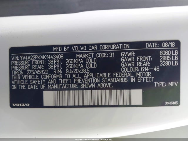 YV4A22PK4K1443408 Volvo Xc90 T6 Momentum