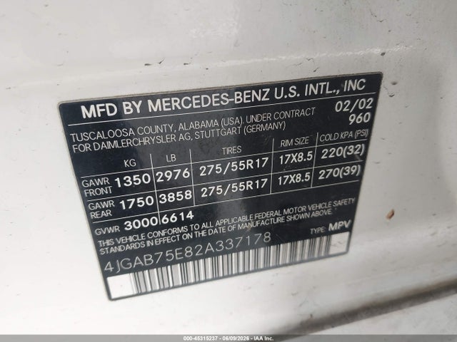 45315237 :رقم المزاد ، 4JGAB75E82A337178 vin ، 2002 Mercedes-benz Ml 500 مزاد بيع