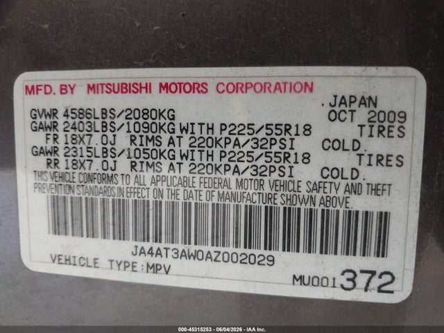 2010 Mitsubishi Outlander Se მანქანა იყიდება აუქციონზე, vin: JA4AT3AW0AZ002029, აუქციონის ნომერი: 45315253