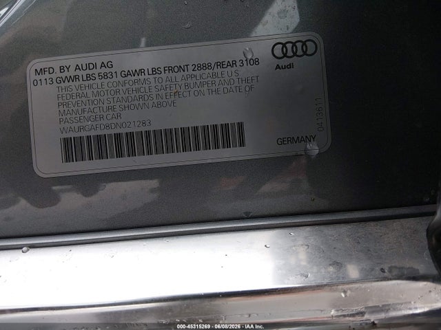 2013 Audi A8 L 3.0t მანქანა იყიდება აუქციონზე, vin: WAURGAFD8DN021283, აუქციონის ნომერი: 45315269