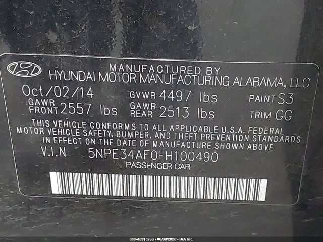 Hyundai Sonata Limited 2015 5NPE34AF0FH100490 Image 9
