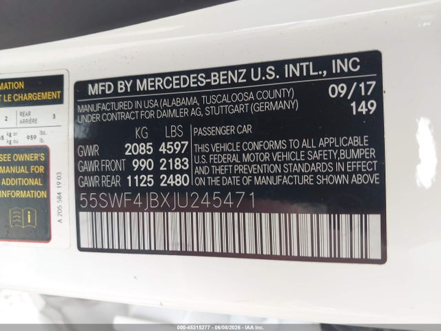 45315277 :رقم المزاد ، 55SWF4JBXJU245471 vin ، 2018 Mercedes-benz C 300 مزاد بيع