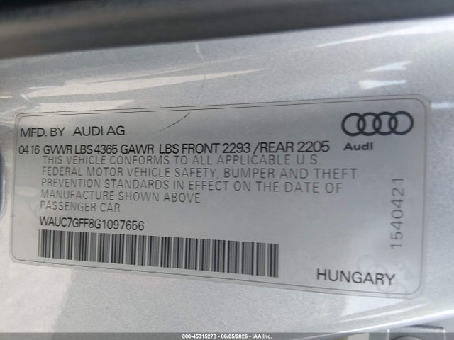 45315278 :رقم المزاد ، WAUC7GFF8G1097656 vin ، 2016 Audi A3 1.8t Premium مزاد بيع