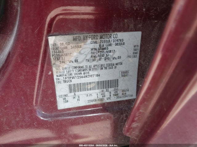 Продажа на аукционе авто 2004 Ford F-150 Lariat/xlt, vin: 1FTPW12564KD82184, номер лота: 45315284