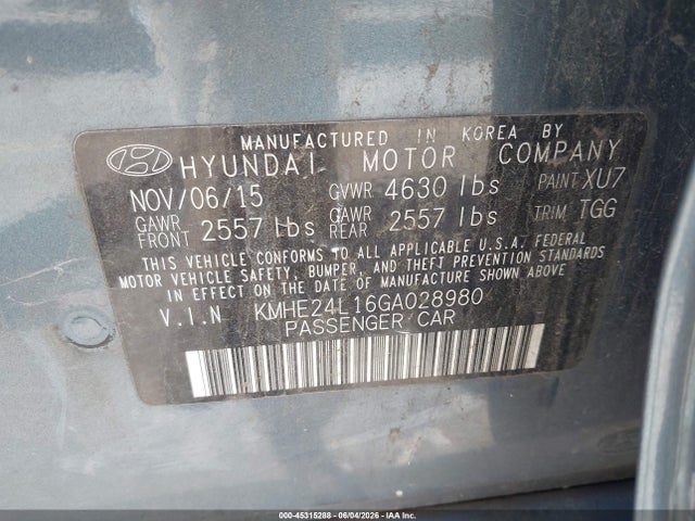 Продажа на аукционе авто 2016 Hyundai Sonata Hybrid Se, vin: KMHE24L16GA028980, номер лота: 45315288