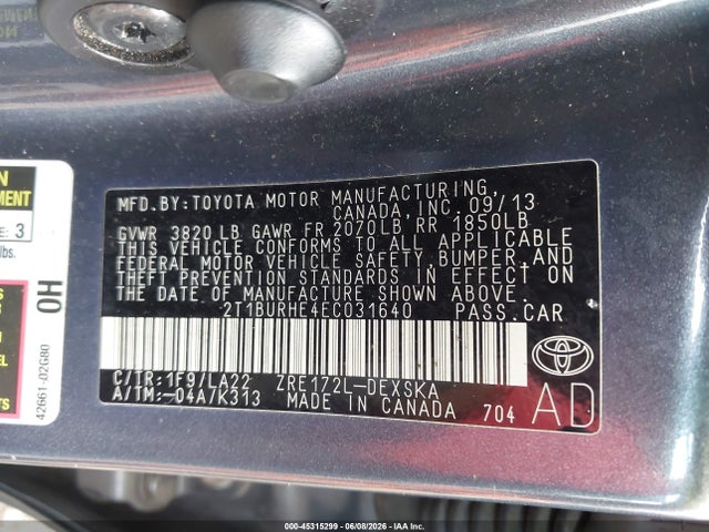 Aukcja sprzedaży 2014 Toyota Corolla L/le/le Pls/prm/s/s Pls, vin: 2T1BURHE4EC031640, numer aukcji: 45315299