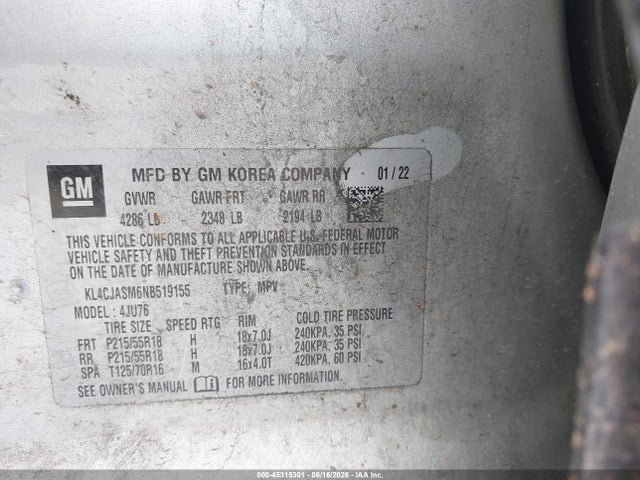 2022 Buick Encore Fwd Preferred მანქანა იყიდება აუქციონზე, vin: KL4CJASM6NB519155, აუქციონის ნომერი: 45315301