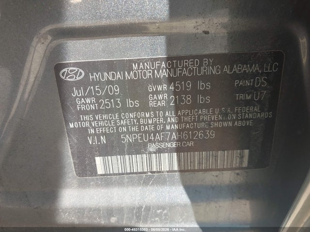 2010 Hyundai Sonata Limited V6 მანქანა იყიდება აუქციონზე, vin: 5NPEU4AF7AH612639, აუქციონის ნომერი: 45315303