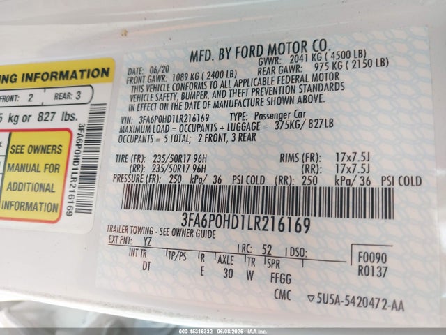 3FA6P0HD1LR216169 Ford FUSION SE