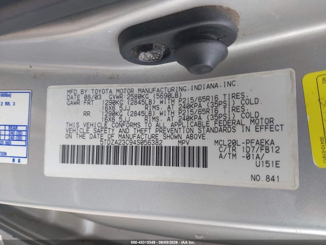 45315349 :رقم المزاد ، 5TDZA23C94S056382 vin ، 2004 Toyota Sienna Le مزاد بيع