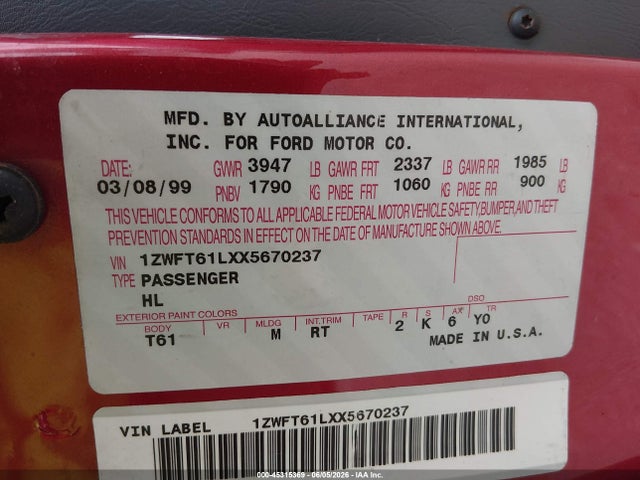 45315369 :رقم المزاد ، 1ZWFT61LXX5670237 vin ، 1999 Mercury Cougar V6 مزاد بيع