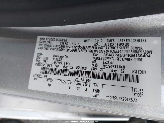 45315375 :رقم المزاد ، 3FADP4BJ4KM139404 vin ، 2019 Ford Fiesta Se مزاد بيع