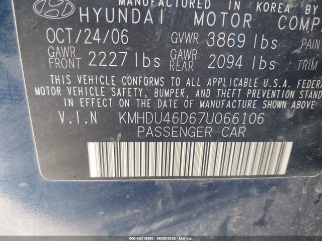 Aukcja sprzedaży 2007 Hyundai Elantra Gls/limited/ltd/se, vin: KMHDU46D67U066106, numer aukcji: 45315380
