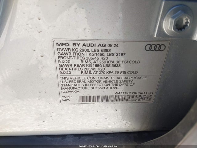 45315385 :رقم المزاد ، WA1LCBF7XSD011761 vin ، 2025 Audi Q7 Premium Plus 45 Tfsi Quattro Tiptronic مزاد بيع