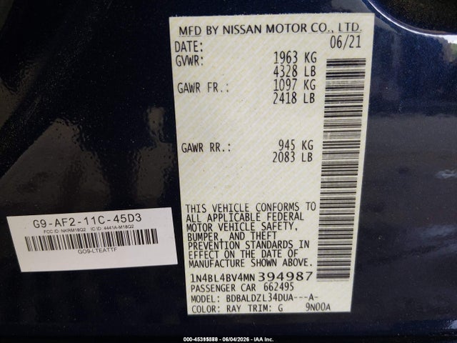 45315388 :رقم المزاد ، 1N4BL4BV4MN394987 vin ، 2021 Nissan Altima S Fwd مزاد بيع