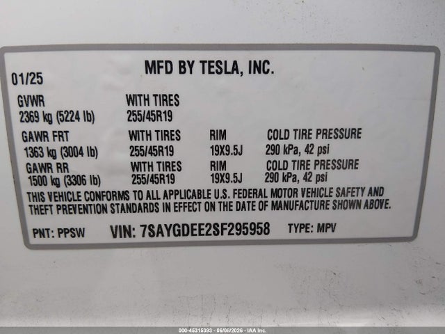 Продаж на аукціоні авто 2025 Tesla Model Y Long Range Dual Motor All-wheel Drive, vin: 7SAYGDEE2SF295958, номер лоту: 45315393