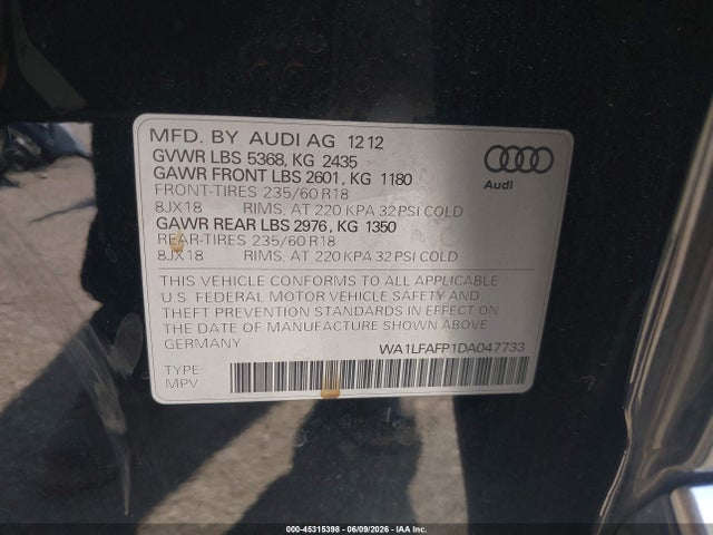 45315398 :رقم المزاد ، WA1LFAFP1DA047733 vin ، 2013 Audi Q5 2.0t Premium مزاد بيع
