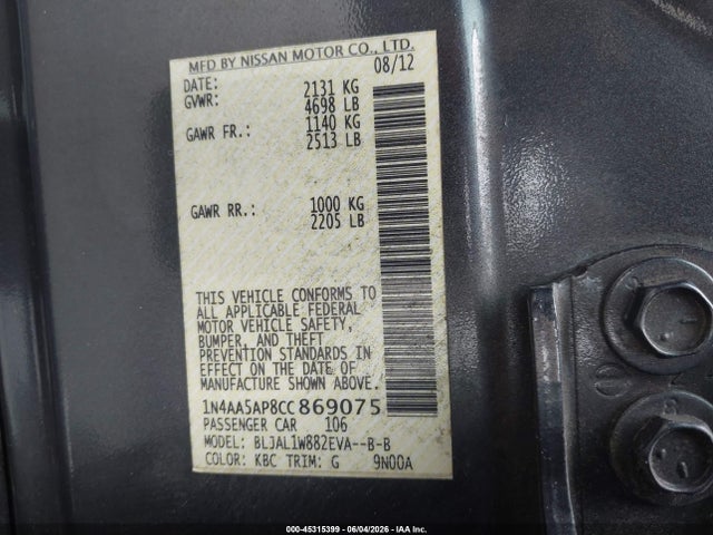 Aukcja sprzedaży 2012 Nissan Maxima 3.5 Sv, vin: 1N4AA5AP8CC869075, numer aukcji: 45315399