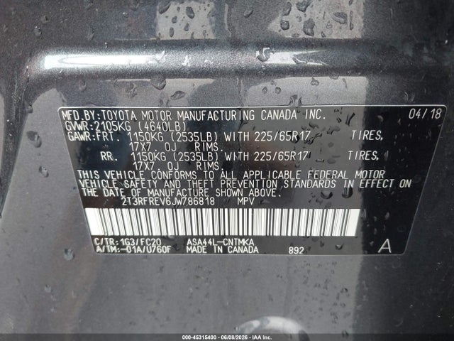 45315400 :رقم المزاد ، 2T3RFREV6JW786818 vin ، 2018 Toyota Rav4 Xle مزاد بيع