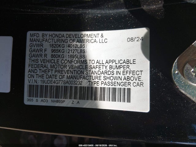 45315405 :رقم المزاد ، 19UDE4G77SA003232 vin ، 2025 Acura Integra A-spec Technology مزاد بيع