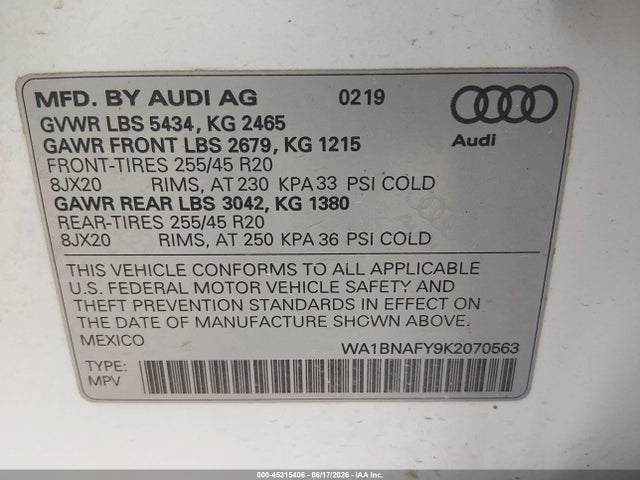 Продажа на аукционе авто 2019 Audi Q5 45 Premium, vin: WA1BNAFY9K2070563, номер лота: 45315406