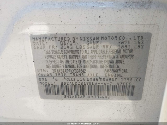 Aukcja sprzedaży 2019 Nissan Sentra Sv, vin: 3N1AB7AP4KY304642, numer aukcji: 45315410