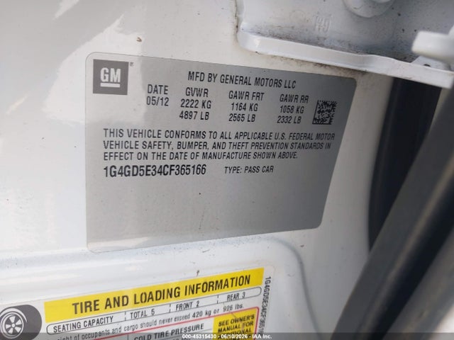 2012 Buick Lacrosse Premium 1 Group მანქანა იყიდება აუქციონზე, vin: 1G4GD5E34CF365166, აუქციონის ნომერი: 45315430
