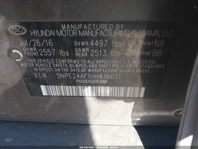 Продаж на аукціоні авто 2017 Hyundai Sonata Se, vin: 5NPE24AF1HH476671, номер лоту: 45315451