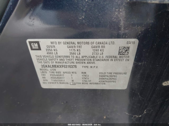 Aukcja sprzedaży 2015 Gmc Terrain Sle-1, vin: 2GKALMEKXF6316376, numer aukcji: 45315452