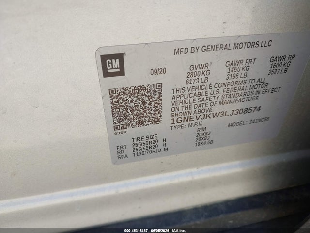 45315457 :رقم المزاد ، 1GNEVJKW3LJ308574 vin ، 2020 Chevrolet Traverse Awd Rs مزاد بيع