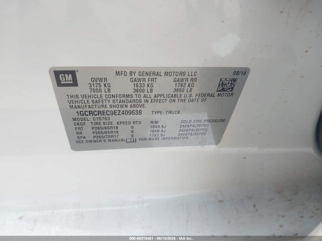 1GCRCREC9EZ409638 Chevrolet Silverado 1500 1lt