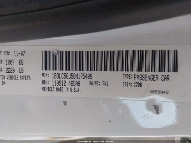 45315463 :رقم المزاد ، 1B3LC56J58N175409 vin ، 2008 Dodge Avenger Sxt مزاد بيع