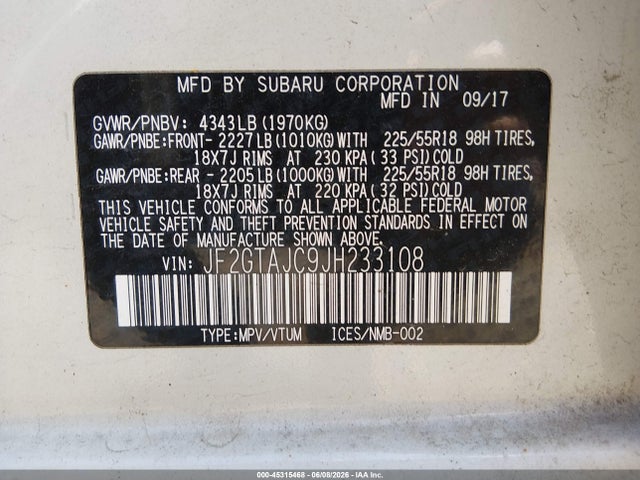 Aukcja sprzedaży 2018 Subaru Crosstrek 2.0i Limited, vin: JF2GTAJC9JH233108, numer aukcji: 45315468