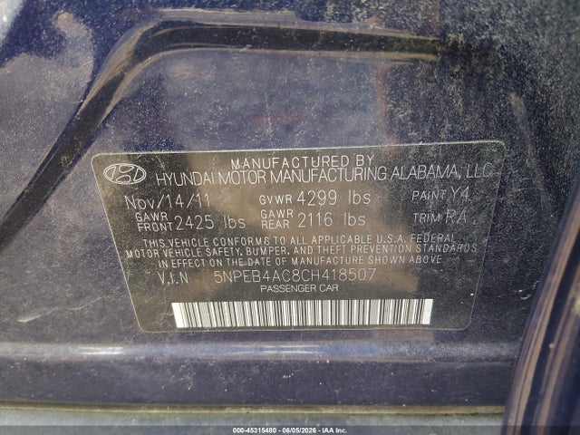 2012 Hyundai Sonata Gls მანქანა იყიდება აუქციონზე, vin: 5NPEB4AC8CH418507, აუქციონის ნომერი: 45315480