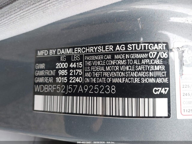 45315481 :رقم المزاد ، WDBRF52J57A925238 vin ، 2007 Mercedes-benz C 230 Sport مزاد بيع