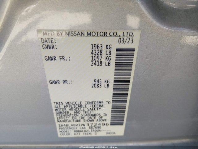 Продажа на аукционе авто 2023 Nissan Altima S Fwd, vin: 1N4BL4BV1PN372496, номер лота: 45315486
