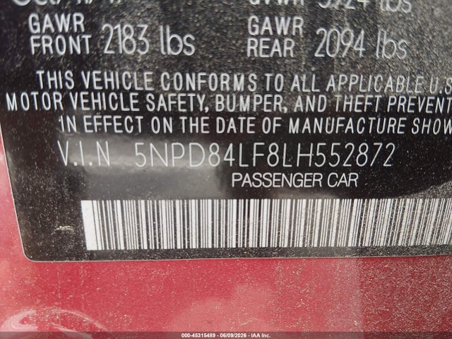 45315489 :رقم المزاد ، 5NPD84LF8LH552872 vin ، 2020 Hyundai Elantra Sel مزاد بيع