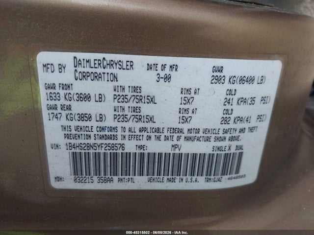 Aukcja sprzedaży 2000 Dodge Durango, vin: 1B4HS28N5YF258576, numer aukcji: 45315502