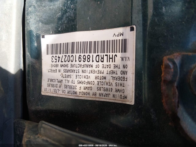 Продажа на аукционе авто 2001 Honda Cr-v Ex, vin: JHLRD18691C027453, номер лота: 45315509