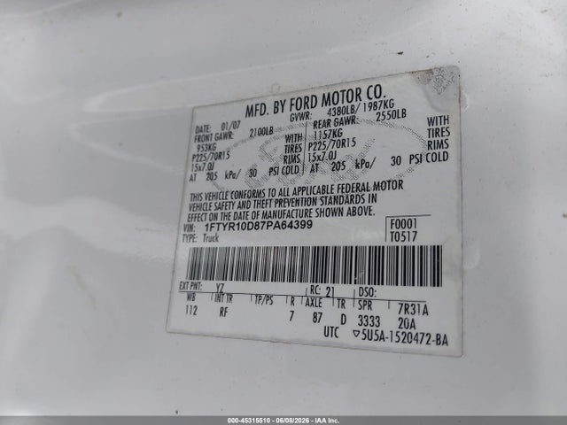 Aukcja sprzedaży 2007 Ford Ranger Stx/xl/xlt, vin: 1FTYR10D87PA64399, numer aukcji: 45315510