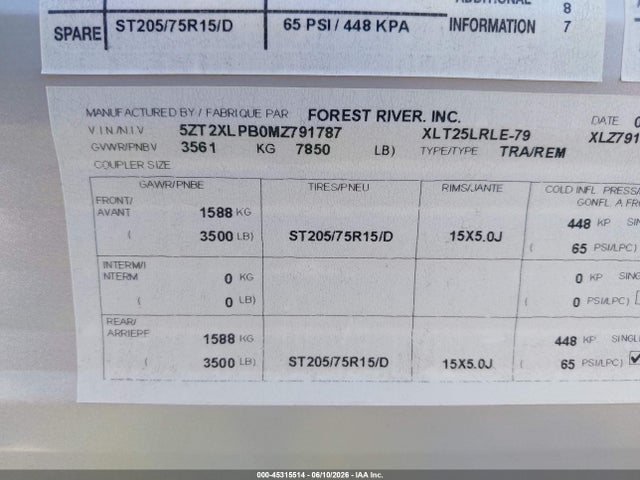 2021 Forest River Xlr მანქანა იყიდება აუქციონზე, vin: 5ZT2XLPB0MZ791787, აუქციონის ნომერი: 45315514