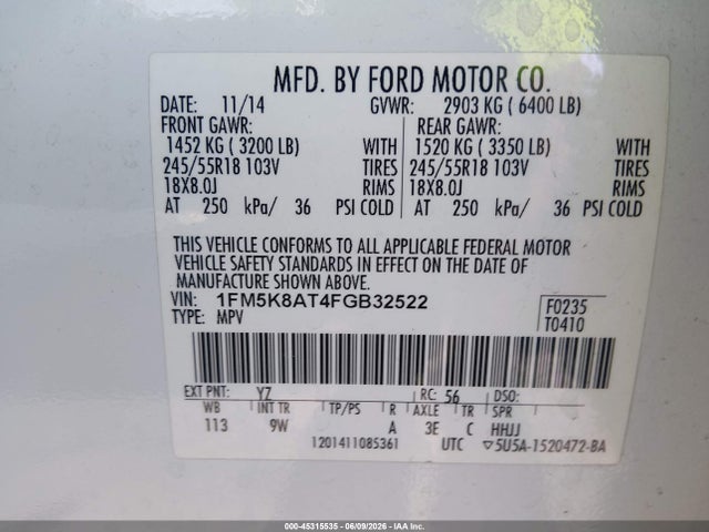 Auction sale of the 2015 Ford Utility Police Interceptor, vin: 1FM5K8AT4FGB32522, lot number: 45315535