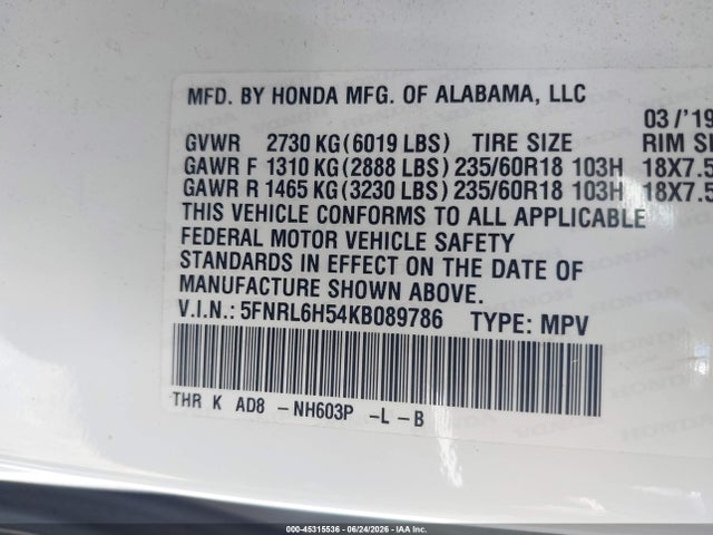 Honda ODYSSEY EX 2019 5FNRL6H54KB089786 Image 9