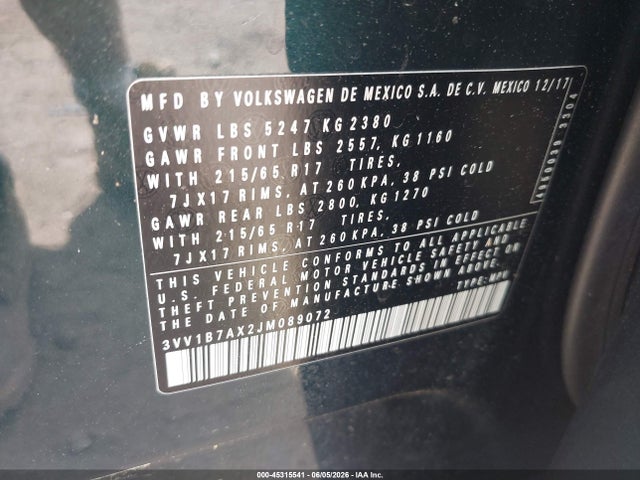 Aukcja sprzedaży 2018 Volkswagen Tiguan 2.0t S, vin: 3VV1B7AX2JM089072, numer aukcji: 45315541