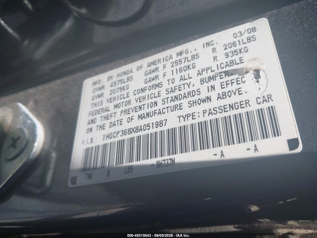 Продаж на аукціоні авто 2008 Honda Accord 3.5 Ex-l, vin: 1HGCP368X8A051987, номер лоту: 45315543