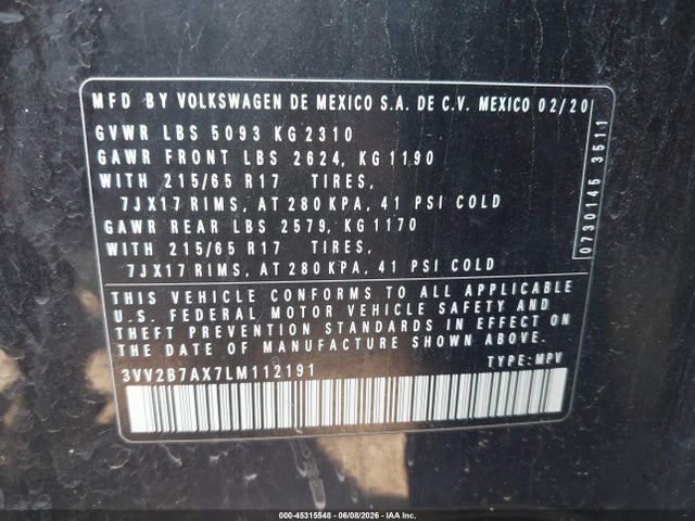 2020 Volkswagen Tiguan 2.0t Se/2.0t Se R-line Black/2.0t Sel მანქანა იყიდება აუქციონზე, vin: 3VV2B7AX7LM112191, აუქციონის ნომერი: 45315548
